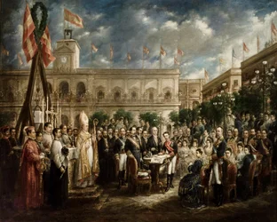 Alfonso XII unterzeichnet die Urkunde zur Grundsteinlegung des Denkmals von San Fernando